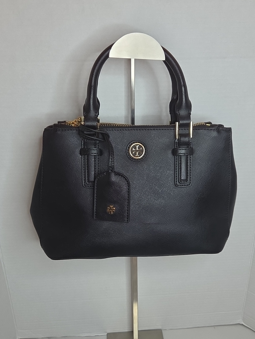 Tory Burch Black Leather Double-Handle Satchel with Gold Logo